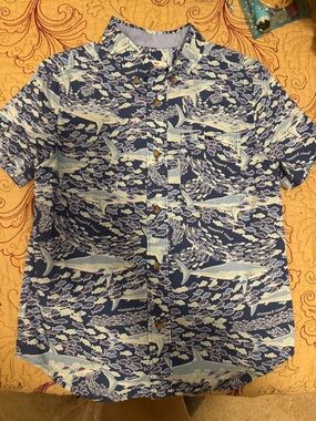 Vineyard Vines Target collab Short-Sleeve Navy and Light Blue Shark Print Shirt